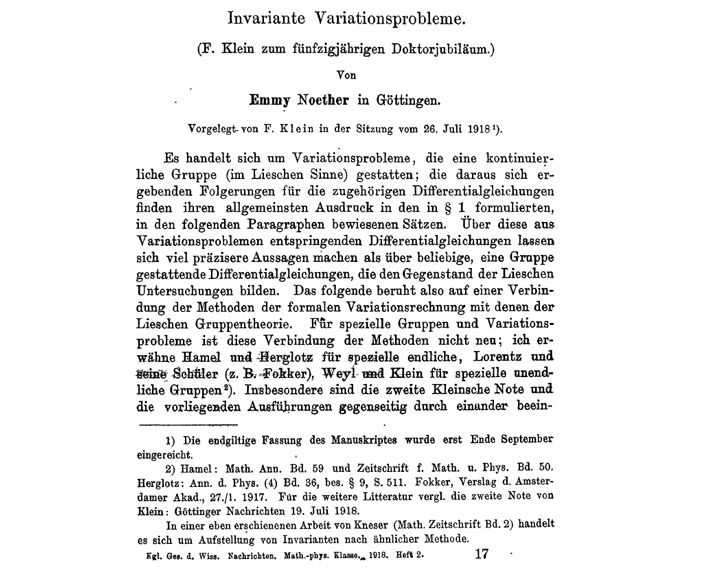 Первая страница статьи Эмми Нётер Invariante Variationsprobleme